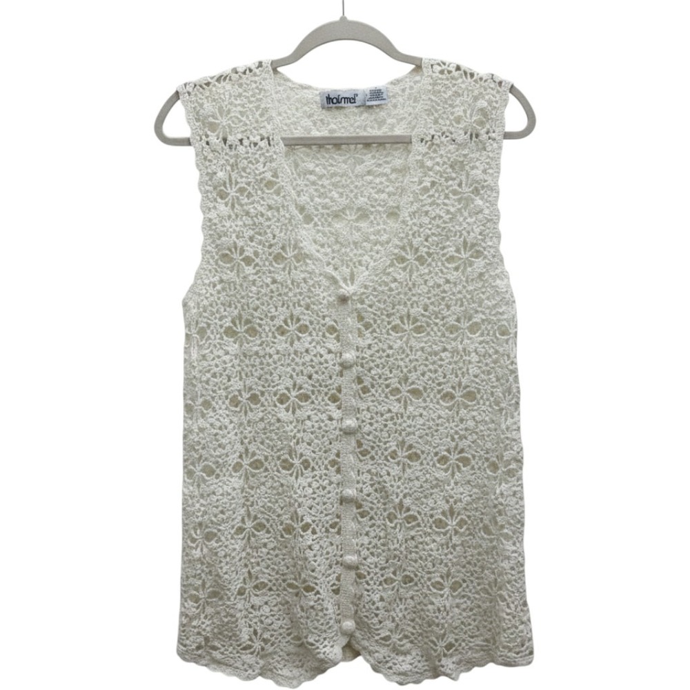 VTG that's me Womens White Crochet Lace Button Front Sleeveless Vest Top Small